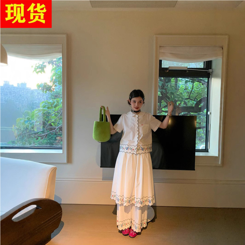 In Stock Zhou Meimei Embroidery Art Pastoral Style Embroidered Doll Collar Shirt, Skirt, and Long Pants Three-Piece Set