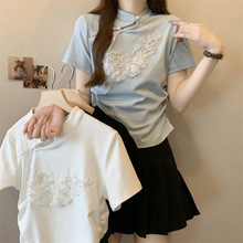 大码新中式国风钉珠刺绣设计感短款上衣镂空显瘦百搭短袖立领T恤