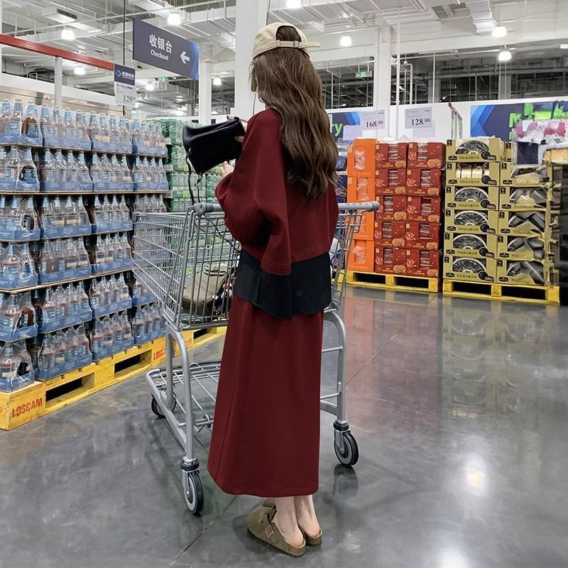 大码春秋季卫衣半身裙时尚套装大码女装新款休闲连衣裙假两件套|undefined