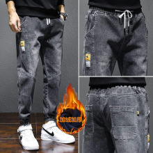 广州新塘牛仔裤男宽松秋冬款加绒耐穿耐磨工地干活穿的束脚长裤子
