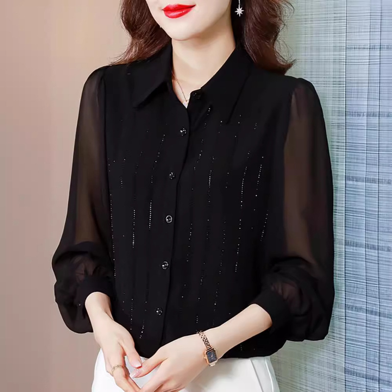 Black Chiffon Shirt, Early Spring, Autumn and Winter 2023 New Style, Stylish Top, Beautiful Blouse, Long-Sleeved Shirt with Rhinestones Black Chiffon Shirt, Early Spring, Autumn and Winter 2023 New Style, Stylish Top, Beautiful Blouse, Long-Sleeved Shirt with Rhinestones