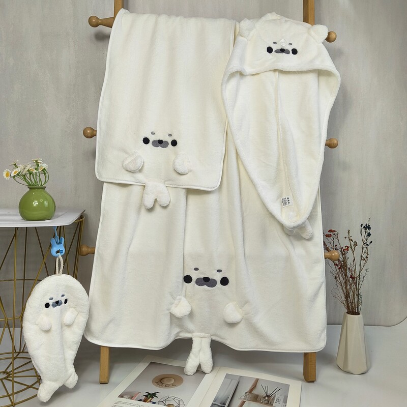 New White Seal Bath Towel Bath Towel Dry Hair Cap Soft Absorbent Coral Velvet Cartoon Hand Towel Set