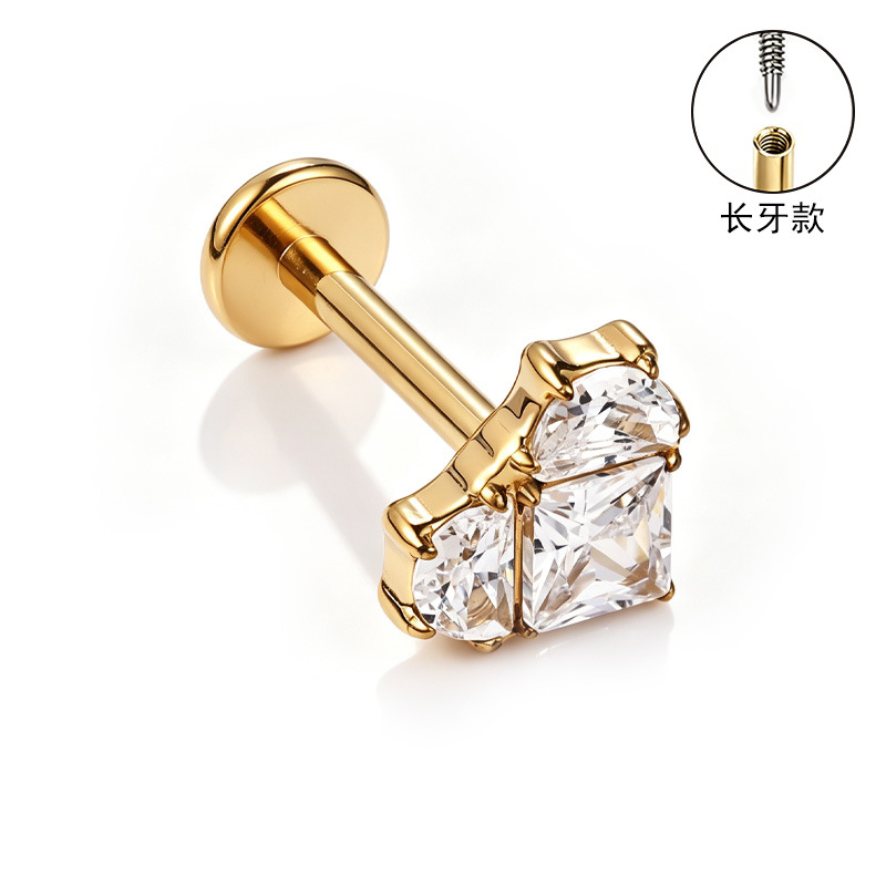 F136 Titanium Alloy Ear Studs – Finely Carved Long Tooth Ear Bone Studs with Zirconia, G23 Titanium Body Piercing Jewelry in Gold detail image 34