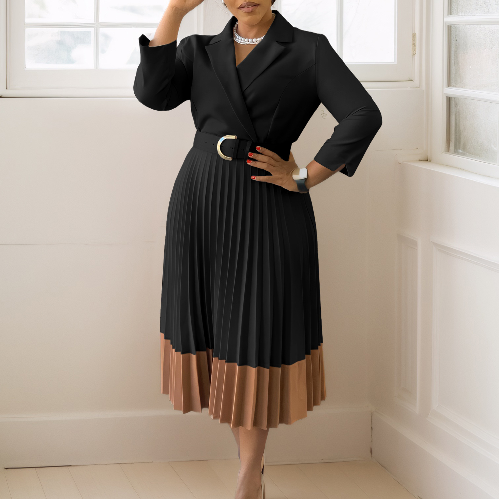 Abbigliamento da donna Autunno e inverno Moda Completo colletto elegante abito plissettato_voghion.com