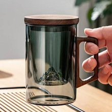 创意木把观山杯茶水分离竹木盖饮水杯可拆分三件杯个人日式商务杯