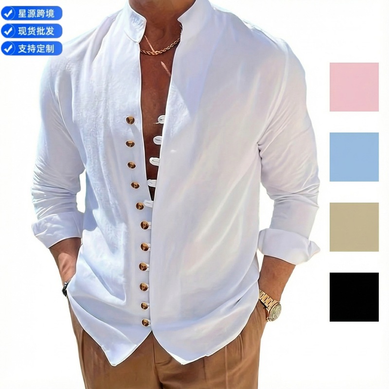 2026 Cross-Border Amazon Wish Ebay New Men's Retro Cotton Linen Casual Loose Long Sleeve Shirt