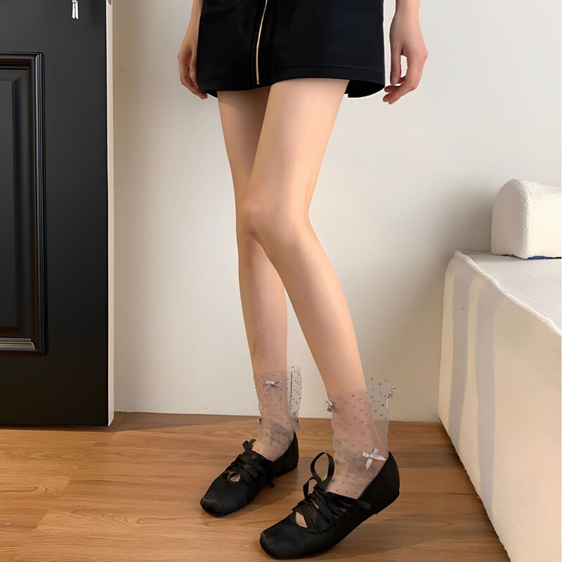 日系网纱透明少女堆堆袜芭蕾风花边蝴蝶结中筒袜薄款洛丽塔jk短袜|undefined