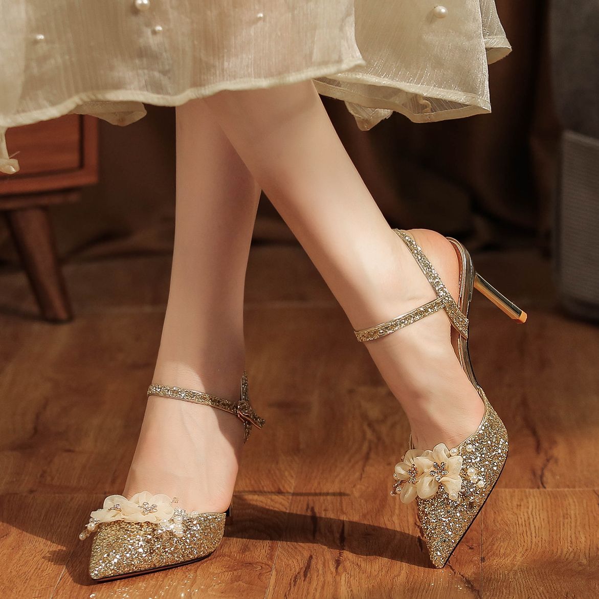 8188-1-003 Sequin High Heels Sandals Two-Way Wear High-End Feel Party Wedding Shoes Commuting Versatile_voghion.com