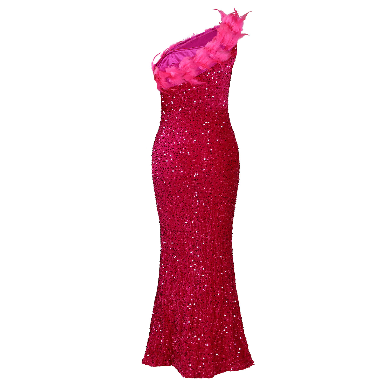 Women's Clothing women's summer sexy fashion feather oblique collar banquet dress skirt sequin slit long skirt_voghion.com
