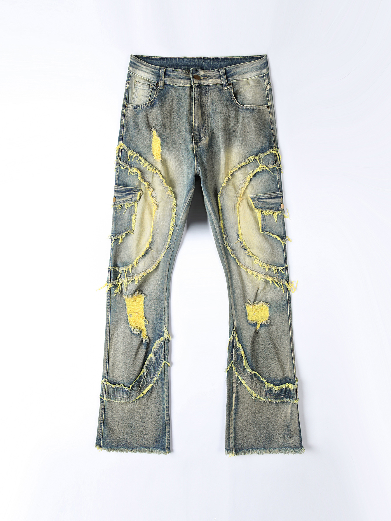 K Men's Perforated Slightly Flared Fringe Elastic Jeans New Style_voghion.com