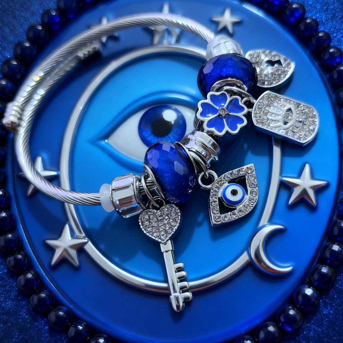 Explosiones transfronterizas Pan familia pulsera de acero inoxidable diamante azul aleación diablo ojo de llave cerradura joyas de flores amor