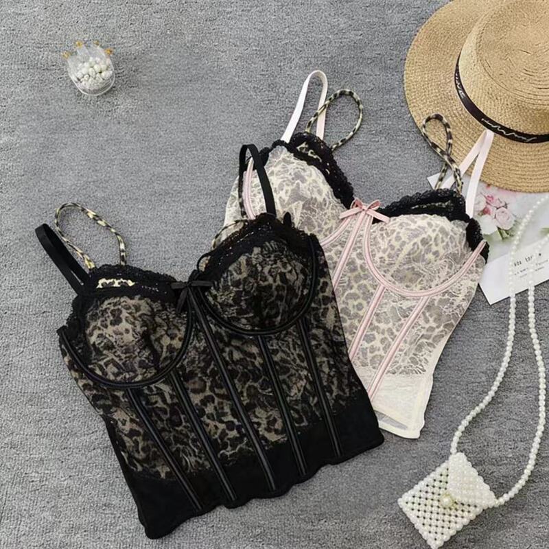 New Leopard Print Camisole with Chest Pads for Women, Hot Girl Style, Mesh Lace Fashion Sexy Fishbone Backless Top