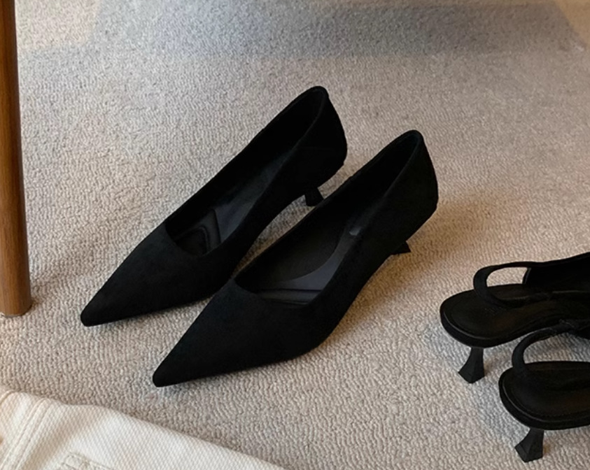 Druina hija ~ Temperamento pequeño puntiagudo boca baja sandalias vacías trasero mujeres tacón de aguja francés ocelote zapatos individuales mujeres