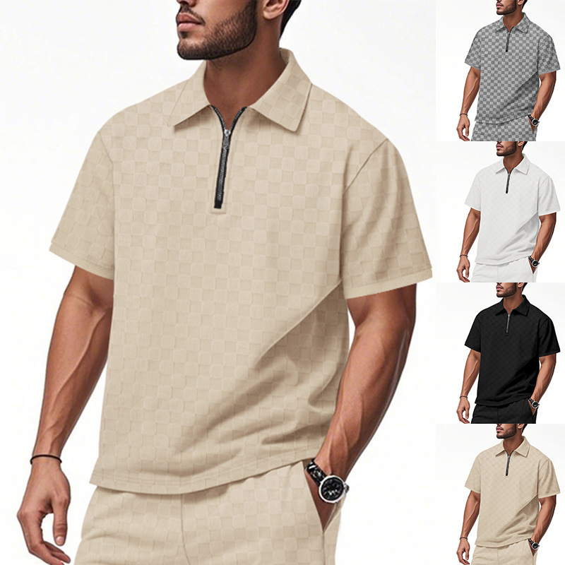 Cross-border Amazon Summer Men's Heavy Checkerboard Jacquard Lar Casual Loose Half-zipper Short-sleeved Polo Shirt