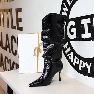 919-32 long tube boots for women with pointed toes, thin heels, wrinkles, lazy stacking boots, wide tube boots, not over