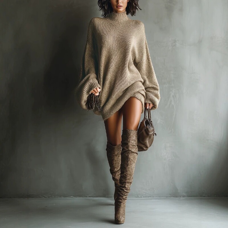 2026 Autumn Cross-Border Women's Clothing: Amazon Vintage High-Neck Knitted Mini Dress, Loose and Relaxed Sweater Short Dress