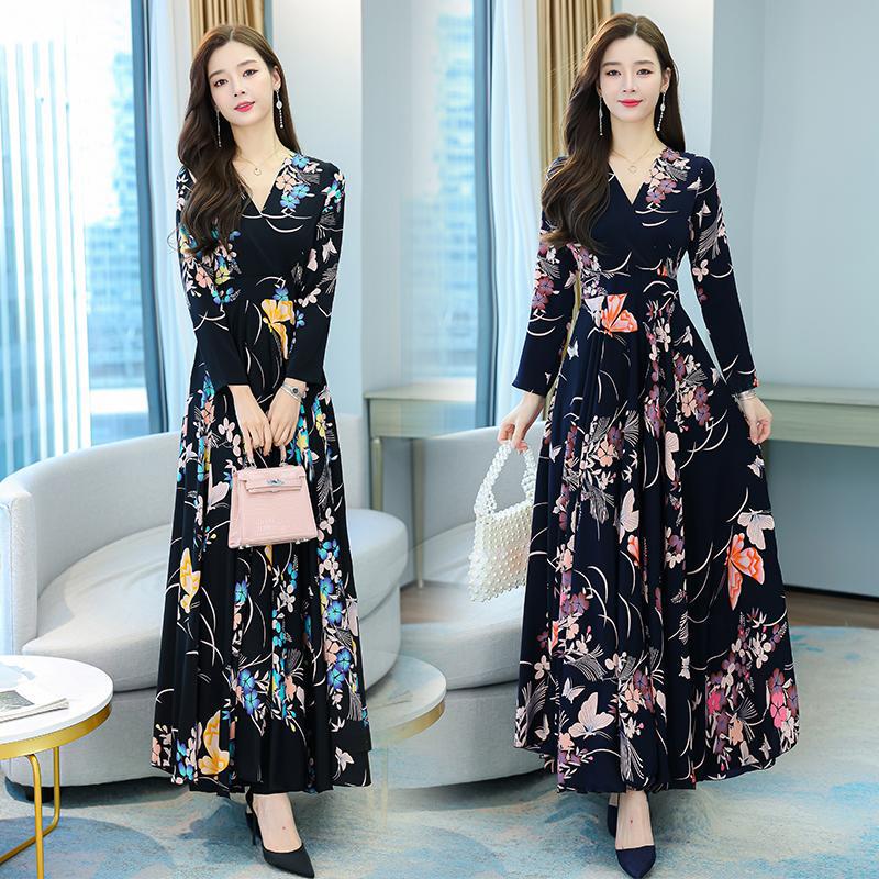 Cross-border Mom Wear Autumn and Winter New Vintage Printed dress Women's Long-sleeved V-neck Tight Waist Elegant plus size A- line Dress for Women