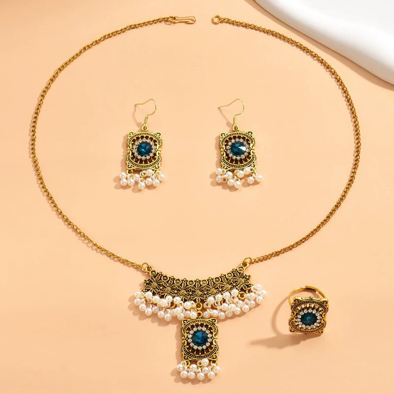 Ethnic fashionable retro necklace from pearl with tassels, earrings, ring, set, boho style, ethnic style, with gem