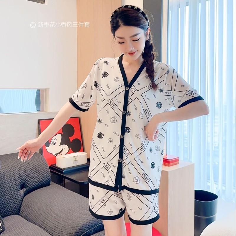 Xiaoxiangfeng カメリアクリーンパジャマ女性のための純粋で甘いルーズカジュアルプリントホームウェアパジャマ 3 点セット|undefined