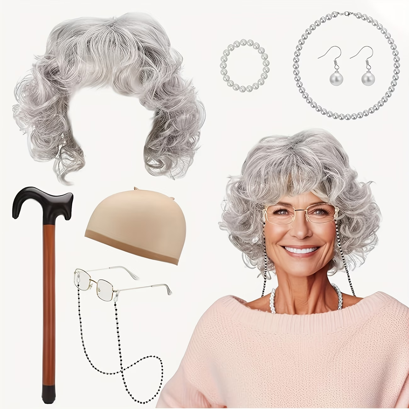 Amazon cross-border old lady wig set with silver bangs, short curly hair, handbag, cane, and old woman wig set