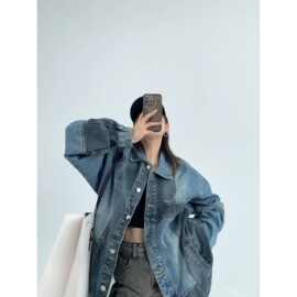 春秋设计感撞色水洗做旧牛仔外套潮牌美式hiphop宽松休闲翻领夹克