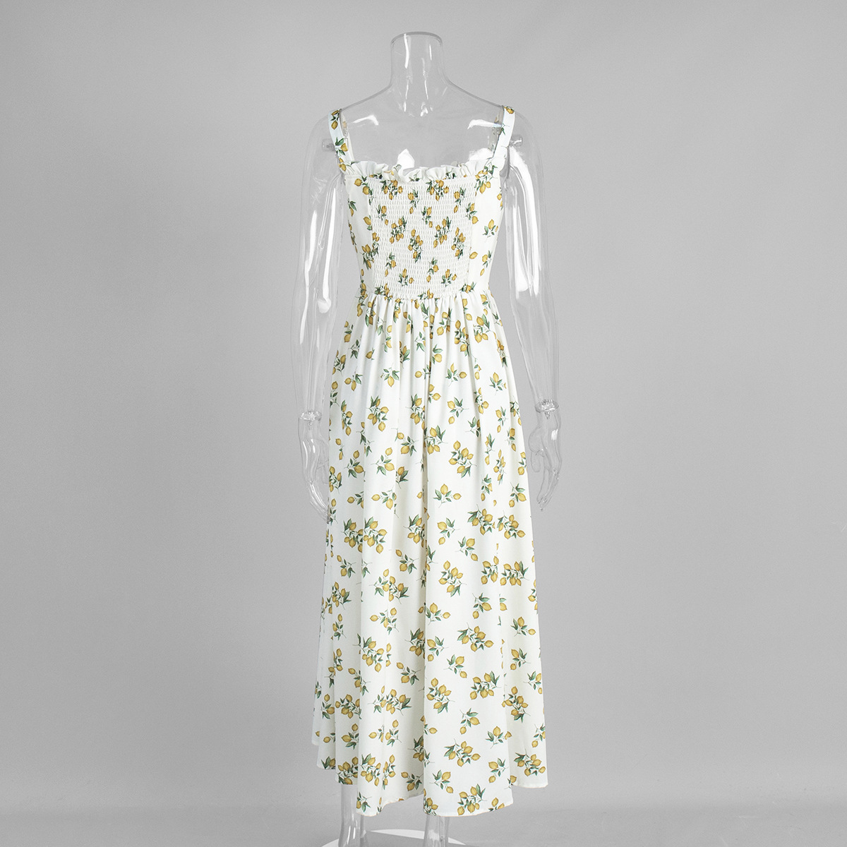 Cross-Border Floral Strap European And American 2025 Summer New Low Neck Tie Slit High Waist Printed Dress_ecoleips.com