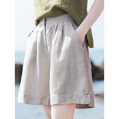 公式図綿麻広脚五分ズボン女子夏2024新ゆるいレトロカジュアルパンツ外着高腰中ズボン