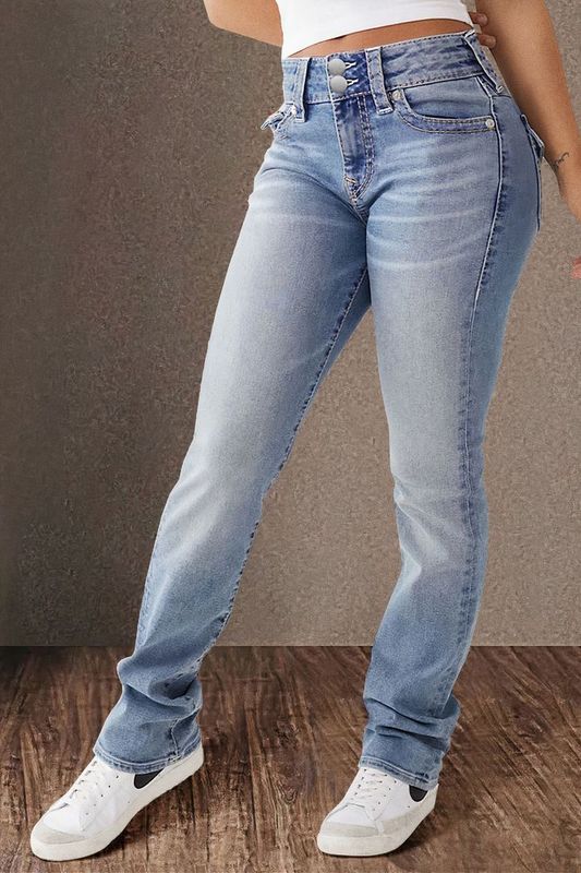 クロスボーダー2025春夏ヨーロッパとアメリカの女性用ダブルボタンミッドウエストストレートジーンズ、スリムでエレガントなパンツ、セクシーなホットガールズ|undefined