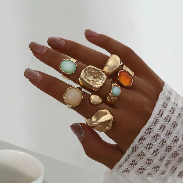 European and American Cross-Border Hot-Selling Jewelry, Niche High-End Diamond-Encrusted Alloy Ring Set, Geometric Irregular Ring Accessories