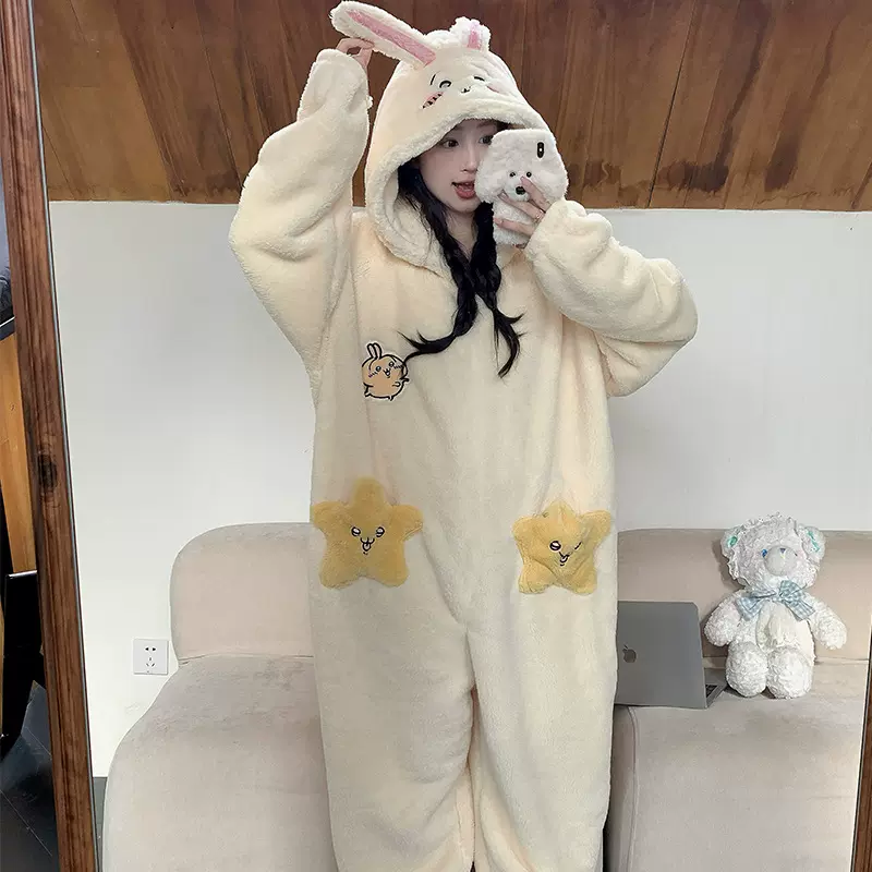 乌萨奇睡袍2025秋冬新款女睡衣珊瑚绒宽松中长款加绒家居服可外穿