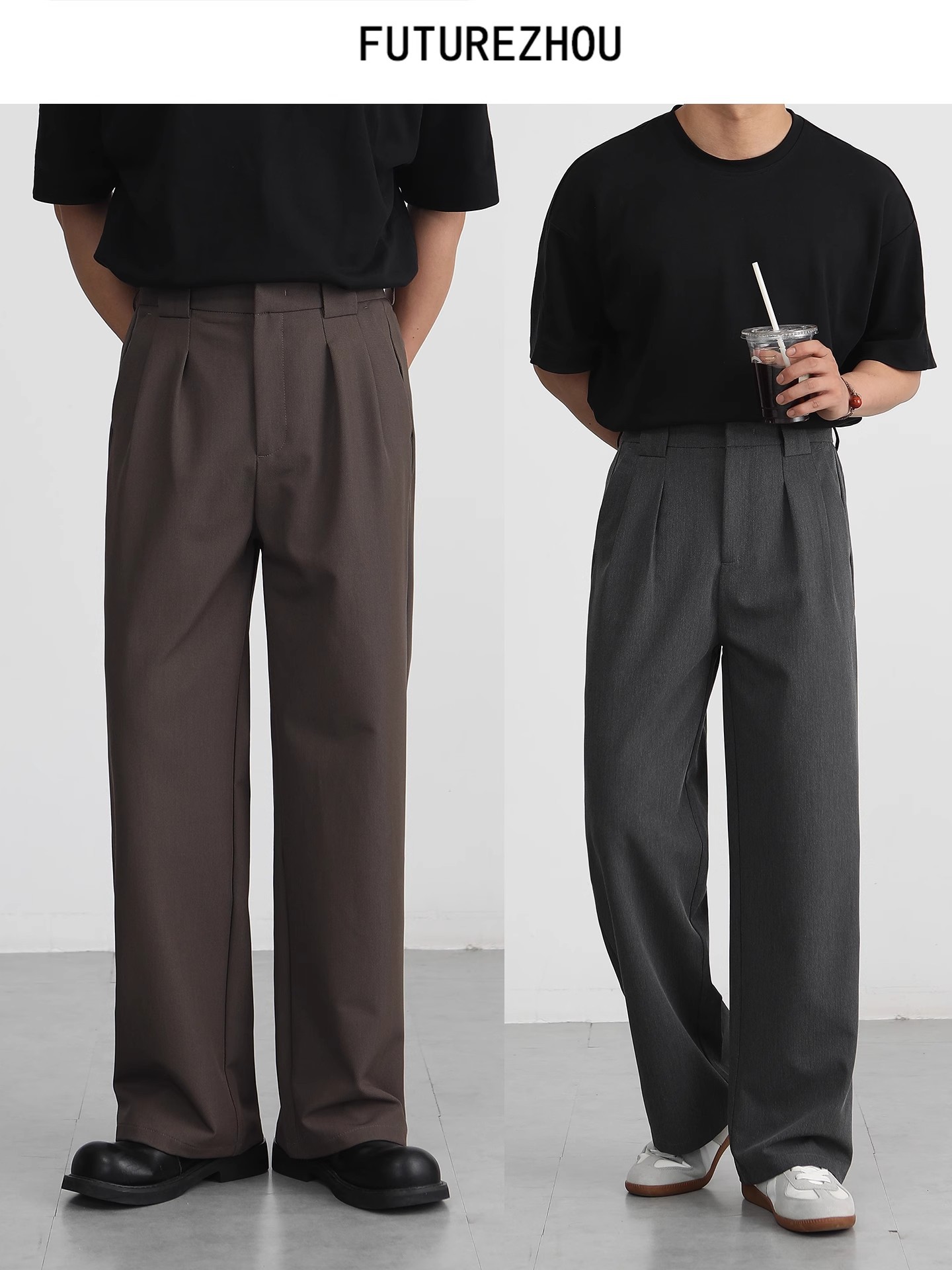Men's Straight-Leg Wide-Leg Dress Pants European and American Style Loose Fit Pleated Casual Trousers with Drape