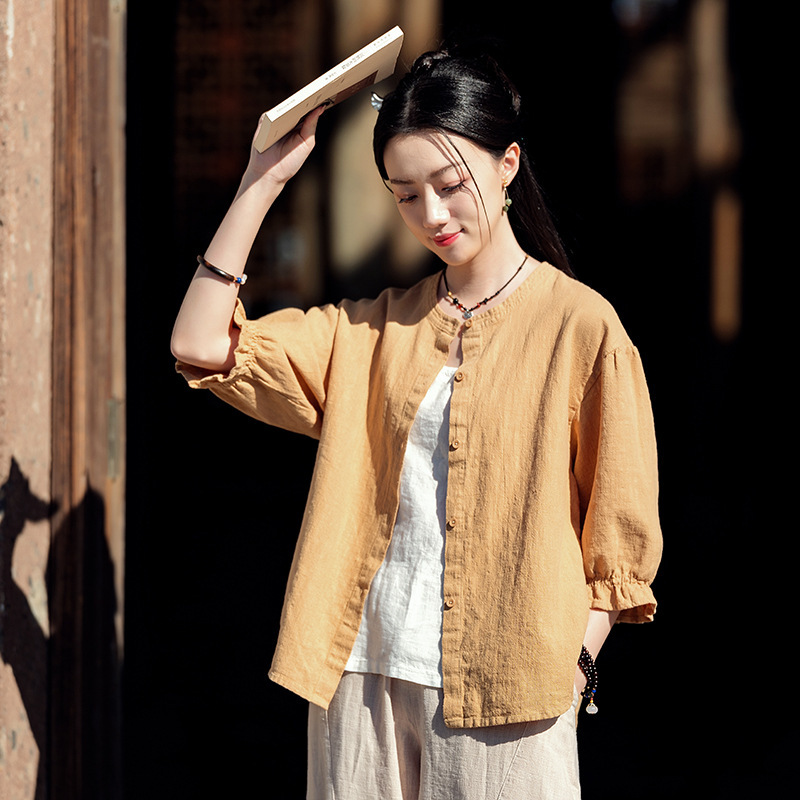 26 Spring Cotton and Linen Women's New Artistic Round Neck Petal Sleeve Shirt Half Sleeve Cardigan Top Women's Sun Protection Outerwear Shirt