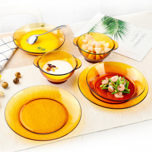 Dorais Imported Heat Resistant Double Ear Bowl Household Rice Bowl Salah Bowl High Color Value Glass Tableware Plate Set of 6 Pieces