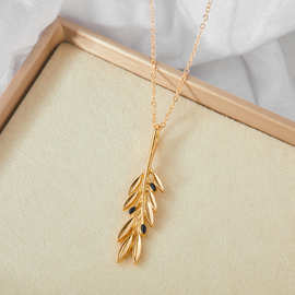 蓝菁 镶和田玉羽毛玉珠吊坠仿古法金项链 复古女式锁骨链羽毛项链