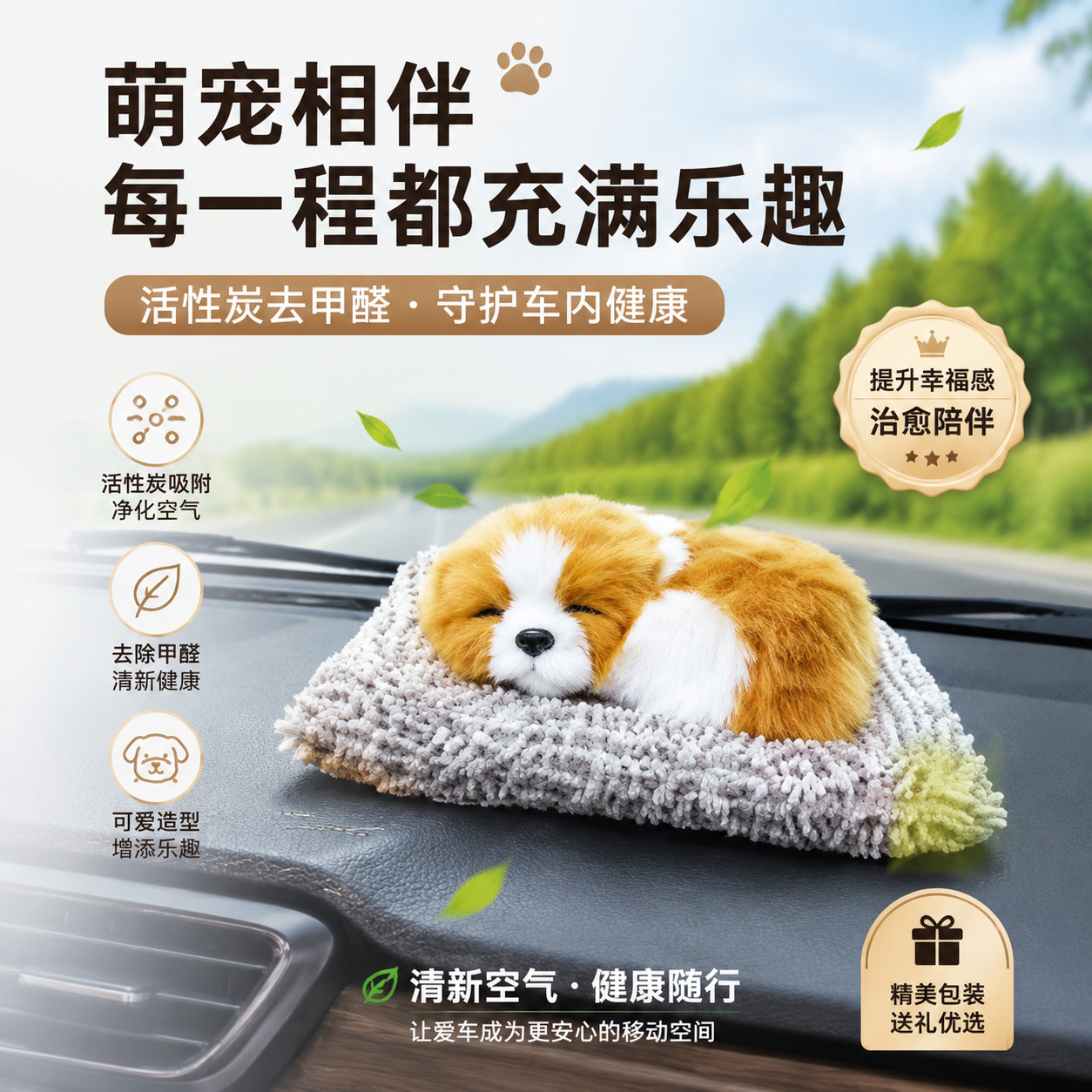 Cute realistic dog car decoration accessory, dashboard ornament, fabric mat, realistic puppy figurine, car interior decoration accessory