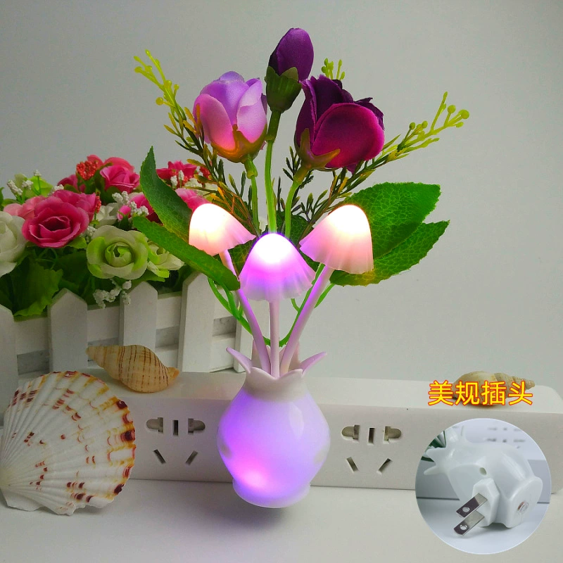 Mushroom LED lamp, 4‑LED, light‑control sensor, colorful rose base, 0.5 W, EU/US options