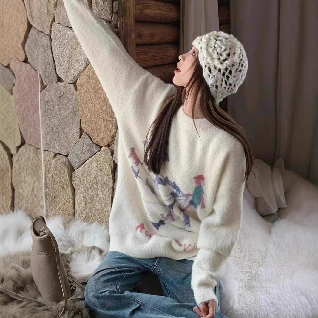 Søt minkpels-tegneseriemønster hundestrikket genser til dame, høstvinter, myk og lat løs genser_voghion.com