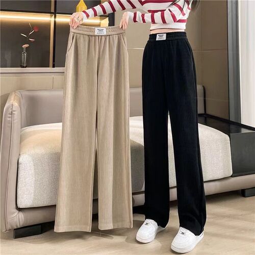 Wool-lined and thickened lambskin wide-leg pants for women - winter new styles, versatile, high-waisted, loose straight-leg, warm and comfortable.