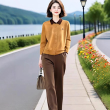 中老年韩版简约女装通勤设计春秋洋气时尚翻领针织衫直筒裤两件套