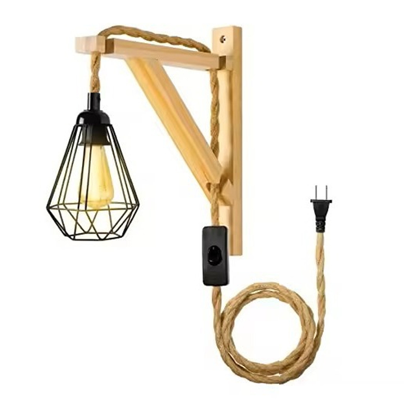 Casa de granja 2 conjuntos de lámparas de lámpara enchufables soporte de pared de madera y cable de lámpara colgante de madera triángulo torta de soporte de lámpara de pared cable de trenzado