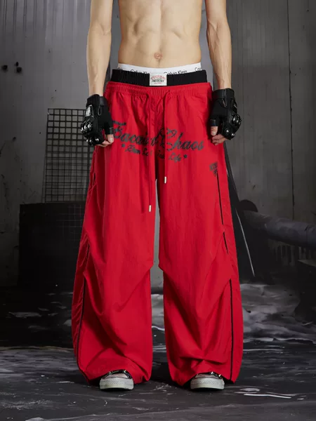 American-style light sub-racing color-blocked double-waist casual pants for men and women, summer thin loose wide-leg quick-dry sports pants
