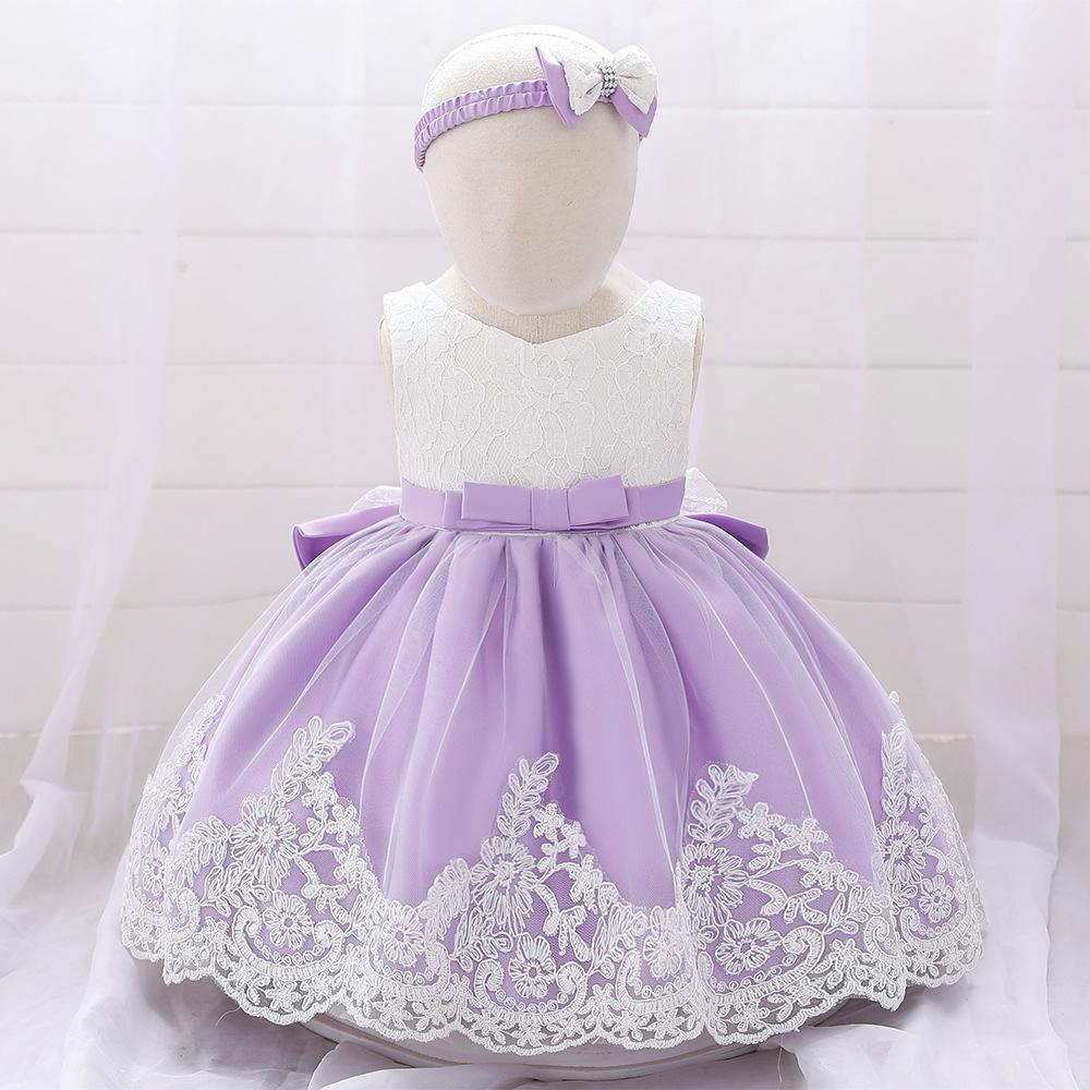 Vestido de bebé Amazon con lazo grande, vestido de novia de encaje, vestido de princesa, regalo para bebé de un año, diadema, superventas transfronterizo.
