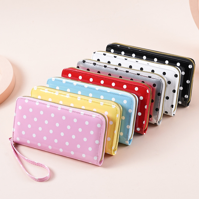Cross-border new women's wallet, long clutch with multiple card slots, simple zipper design, polka dot pattern, stylish and high-capacity