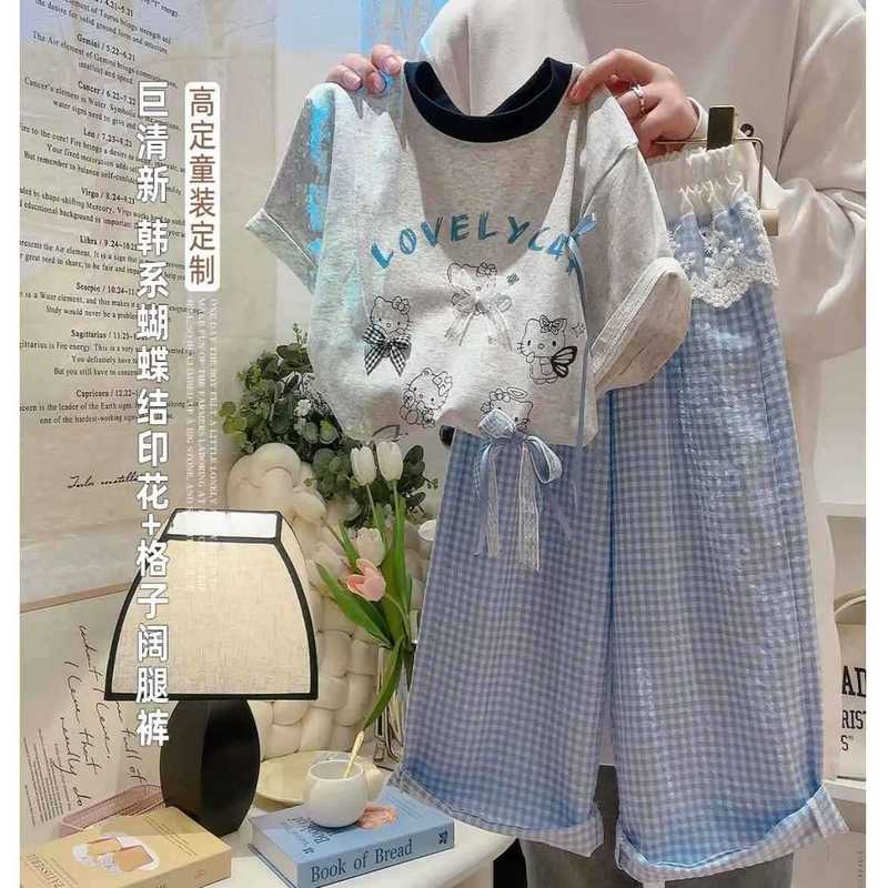 New Children's Clothing for Girls, Summer Outfit, Stylish Cartoon Short-Sleeve Set for Girls, Summer Plaid Pants, Trendy Baby Clothes