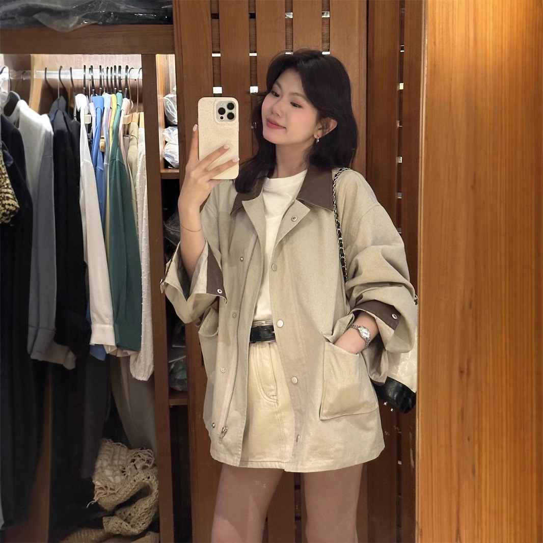 THE LIMON Early Spring New Korean Lazy Barn Style Design Sense Colores de contraste Bolsillo grande Chaqueta retro Ropa de trabajo