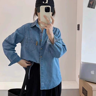 牛仔衬衫女长袖2024春秋新款港风衬衣宽松百搭打底上衣2024新款