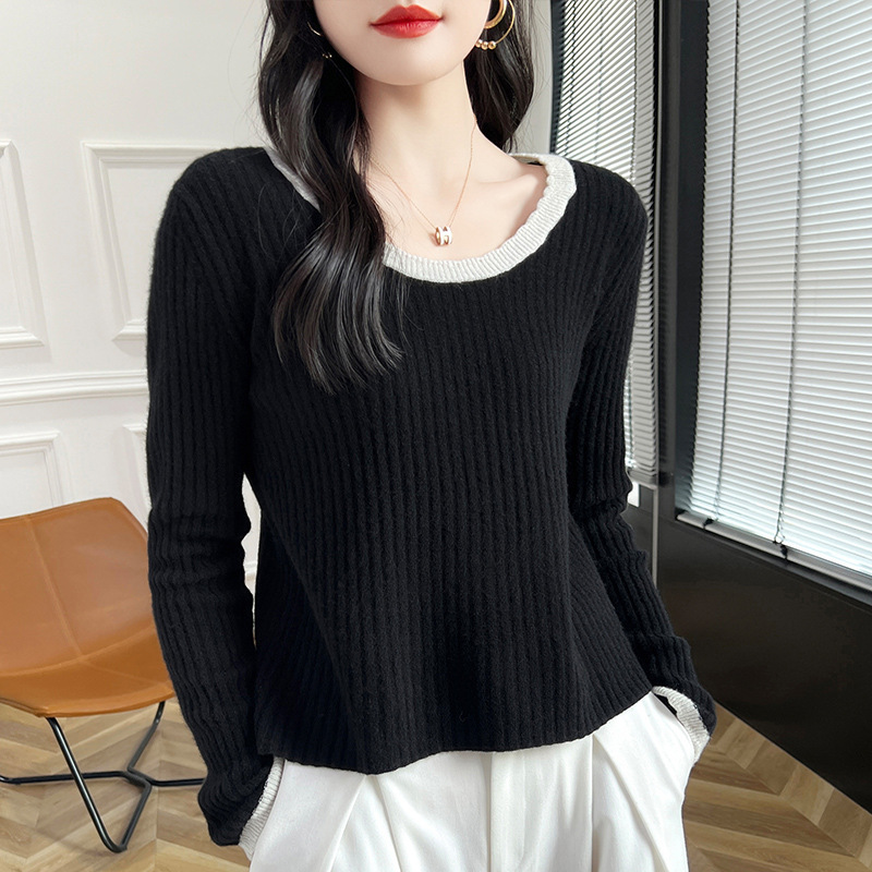Fall/Winter 24 New Pure Wool Lace Crewneck Knitted Shirt Long Sleeve Women's Pit Color-matching Loose Base Shirt Top