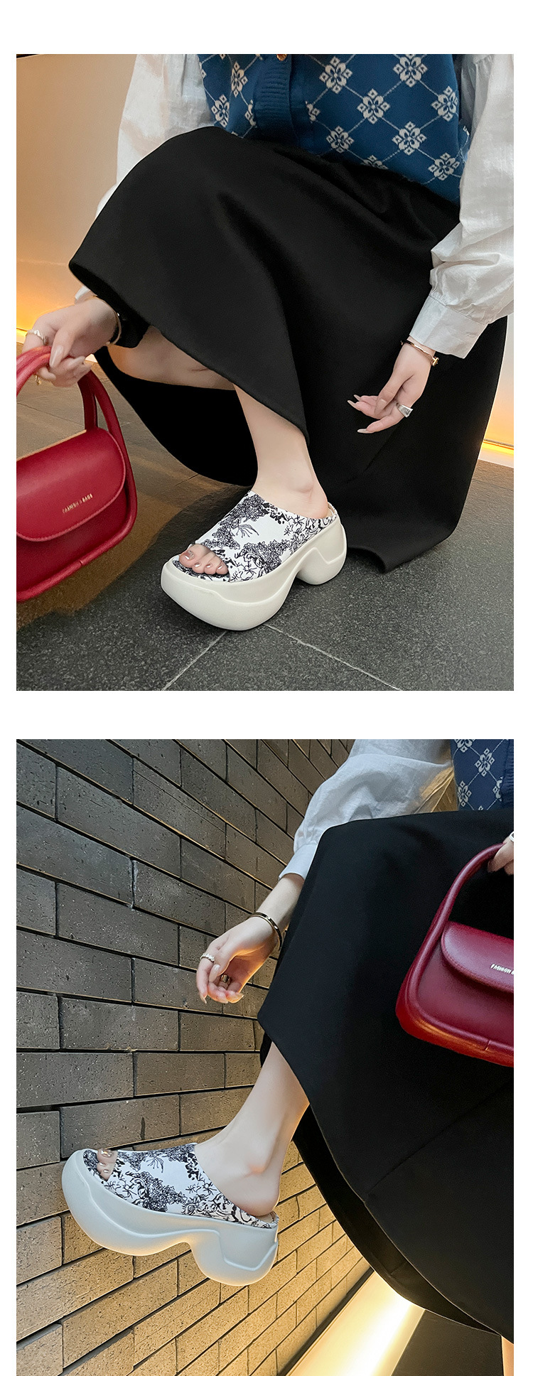 Dép xỏ ngón nữ đế dày thêu họa tiết phong cách Trung Quốc, gót cao phối sườn xám — Màu đen, Màu trắng chi tiết 8