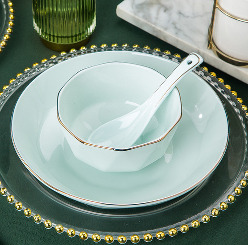 Dishes set wholesale household simple gold rim rice bowl noodle soup bowl dish plate shadow green light luxury ceramic bowl tableware set