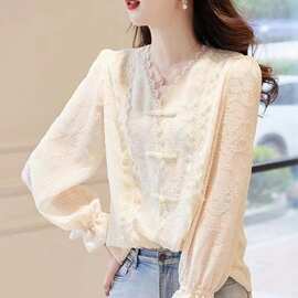 米白色长袖V领盘扣衬衫女春季新款国风仙遮肉雪纺衫上衣